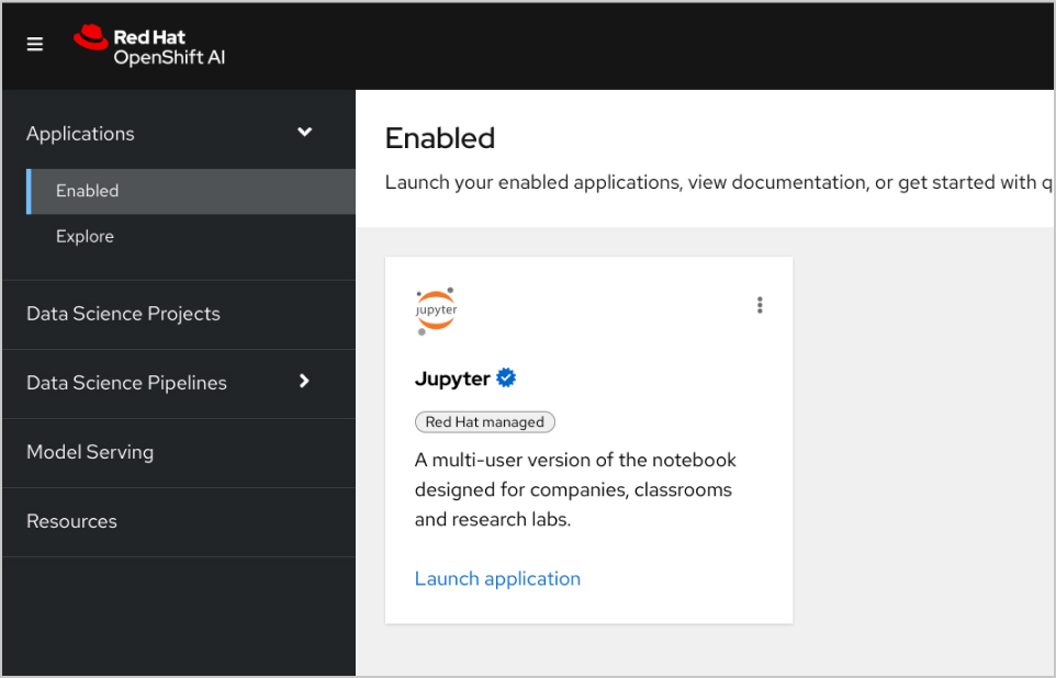 Schermata della scheda delle applicazioni abilitate della console di OpenShift AI